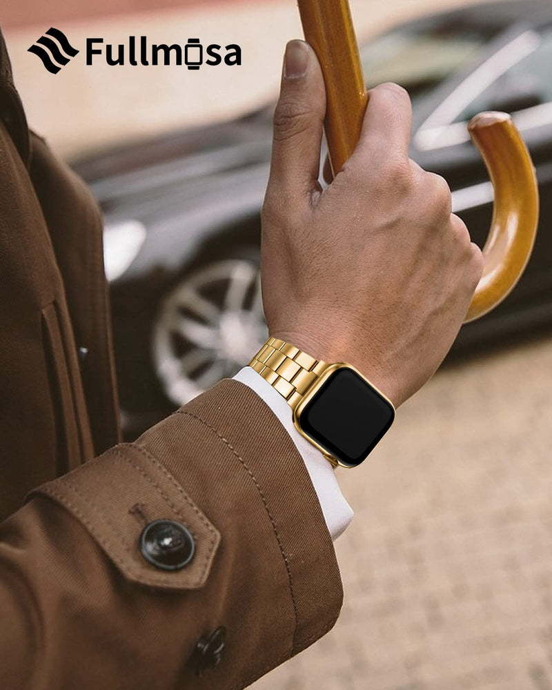 Fullmosa No-Tool Needed Band Compatible Apple Watch Band with Case 41mm 40mm 38mm Golden & Stainless Steel iWatch Band with Case 38mm 40mm 41mm Black