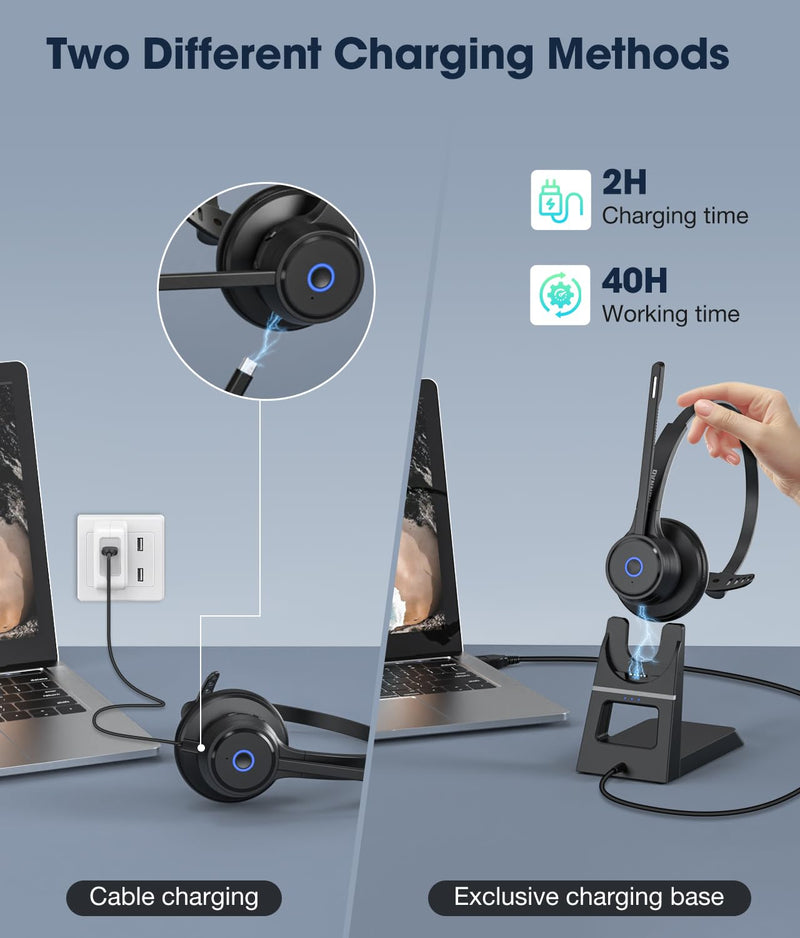 Bluetooth Headset with AI Noise Cancelling Microphone, V5.3 Wireless Headphones with USB Dongle, Charging Station, Microphone Mute Switch, Wireless Headsets for Work Black