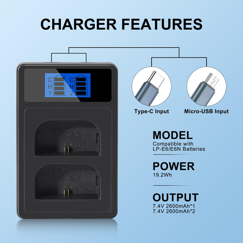 2600mAh 2-Pack of LP-E6 Batteries and Dual Battery Charger Replacement LP-E6 LP-E6N for Canon EOS R R5 R6 R7 60D, 70D, 80D,90D, 5DS R, 5D Mark II III IV, 6D, 7D, C700, XC15 Cameras