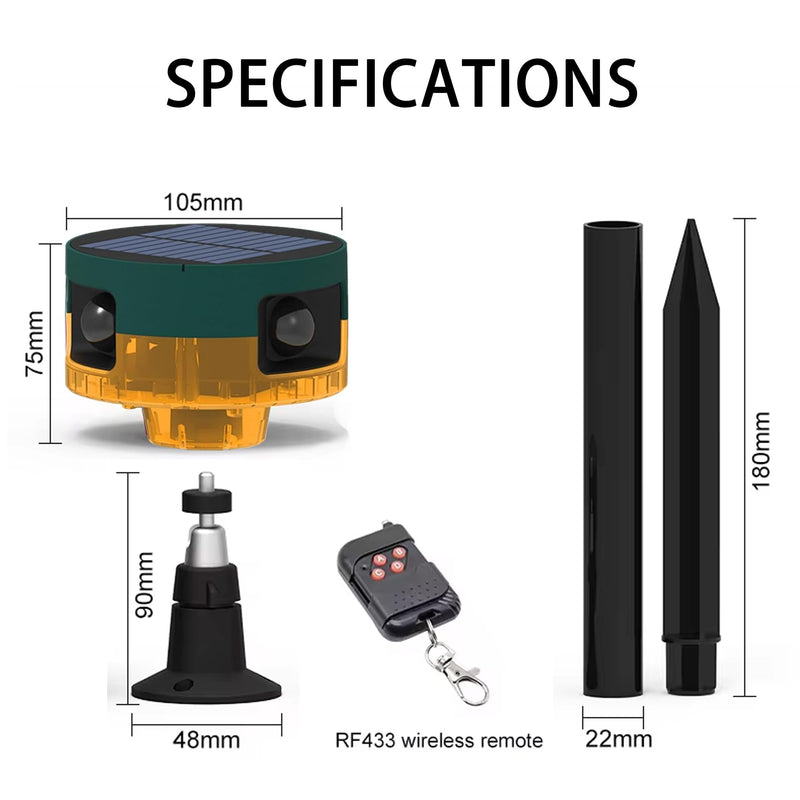 [AUSTRALIA] - Solar Outdoor Motion Sensor Alarm: Dog Barking&Gunshot Sound, 129db Loud Siren,Support Recording, 13 Kinds of Sound Strobe Light Yellow 1 Pack 