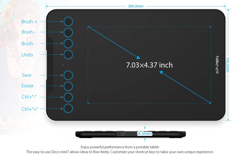 XP-PEN Deco Mini7 Graphics Tablet 7 x 4 Inch Pen Tablet with Tilt Support Passive Pen and 8 Customizable Shortcut Keys Drawing Tablet Compatible with Chromebook for Online Teaching/E-Learning Medium Wire