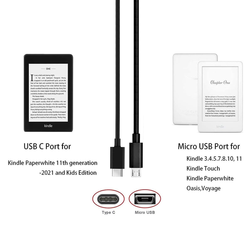 6Ft Fast Charger Fit for Kindle E-Reader 2 3 4 5 6 7 8 9 10 11,All Kindle Paperwhite,Oasis,Voyage,Kindle Touch,DX,Keyboard,Kids Edition(with 6Ft Micro USB & USB C)