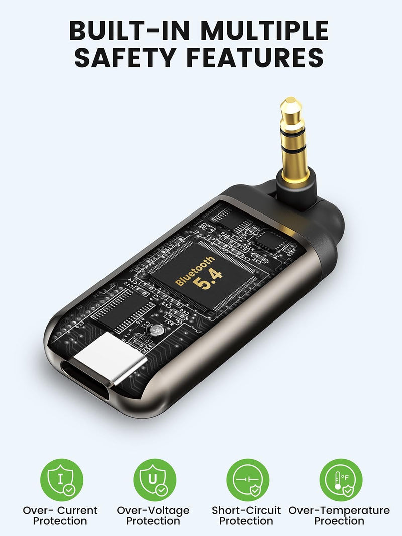 HVMLAK Air88 Bluetooth 5.4 Aux Adapter, 180° Swivel 3.5mm Jack Receiver for Car Home Stereo, Handsfree Calls, 12 Hours Battery, HiFi Sound, Solid Metal Case