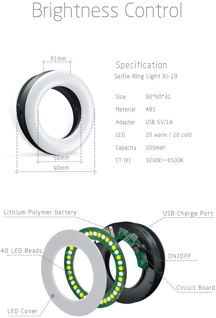 XINBAOHONG Selfie Ring Light Rechargeable Portable Clip-on Selfie Fill Light with 40 LED for Smart Phone Photography, Camera Video, Girl Makes up