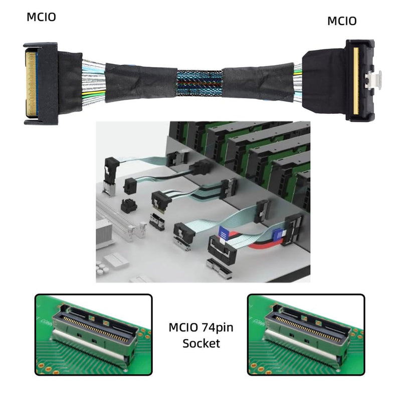 PCI-E 5.0 Mini Cool Edge IO MCIO Angled PCI-E Slimline SAS 8i 74Pin Male to MCIO 74Pin Male Extender Cable 35cm MCIO to MCIO UP