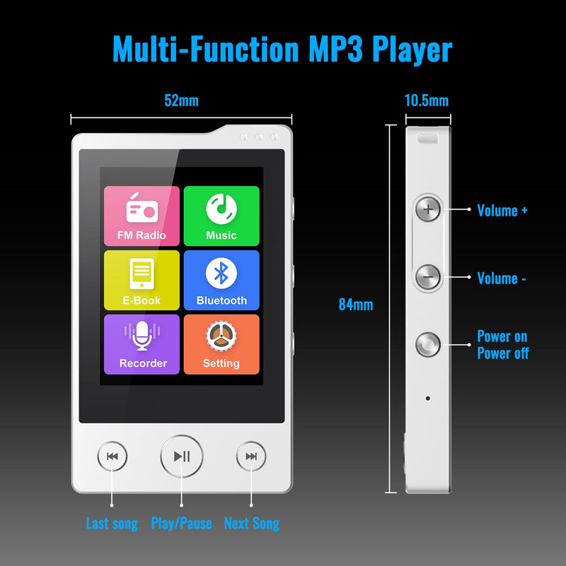 [AUSTRALIA] - 64GB MP3 Player with Sturdy Build & Durable,Aluminum Alloy,Phinistec Portable Mini Bluetooth Music Player with FM Radios,50 Hours Long Battery Life,2.4" Touchscreen,Up to 256GB 
