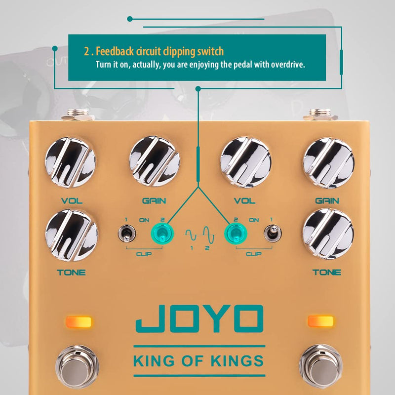 JOYO Dual Crunch Pure Analog Circuit Overdrive Effect Pedal with Independent Clipping for Electric Guitar - True Bypass (King of Kings R-20) Overdrive,Crunch,Analog Gold