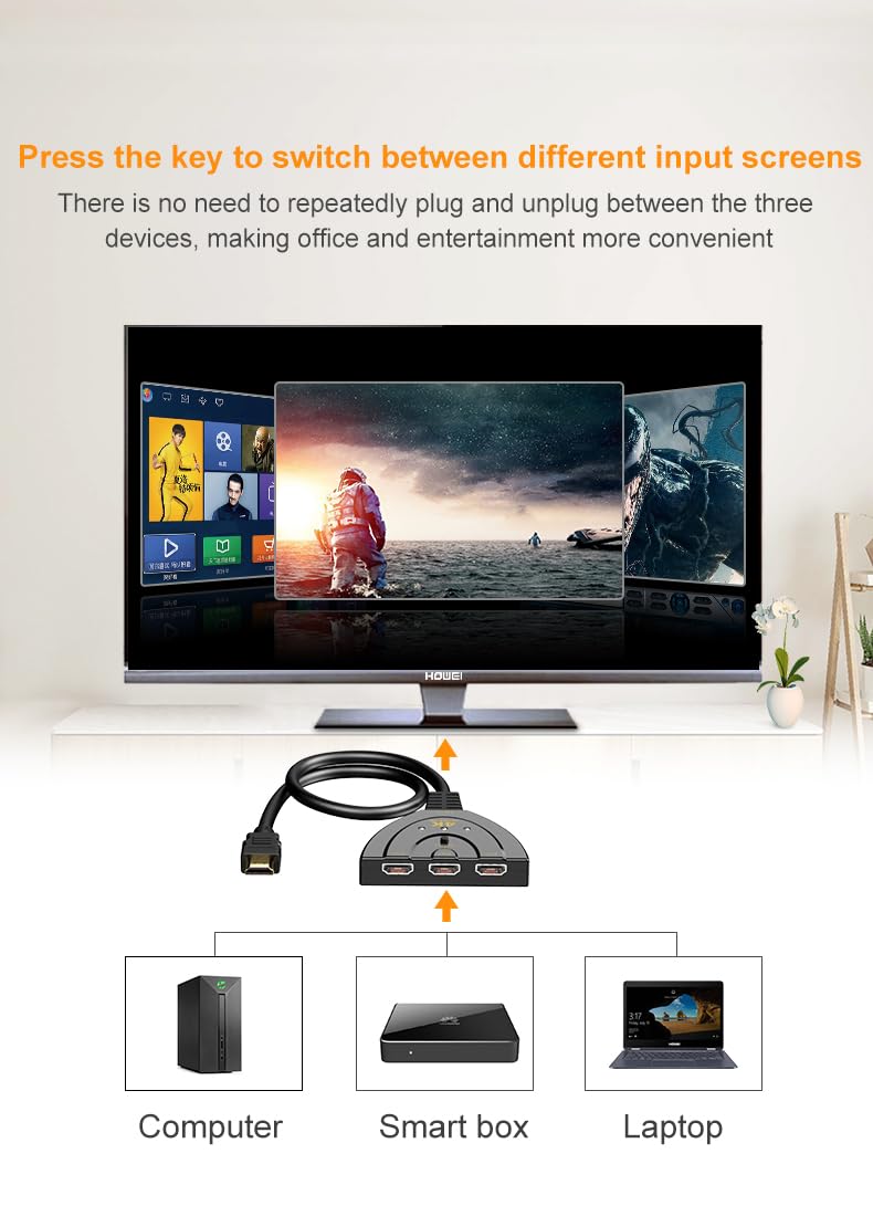 3 Port HDMI Switcher with Cable, 4K HDMI Splitter 3 in 1 Out, Supports Full HD 4K 1080P 3D Player, HDMI Hub for TV Stick,PS4,PC
