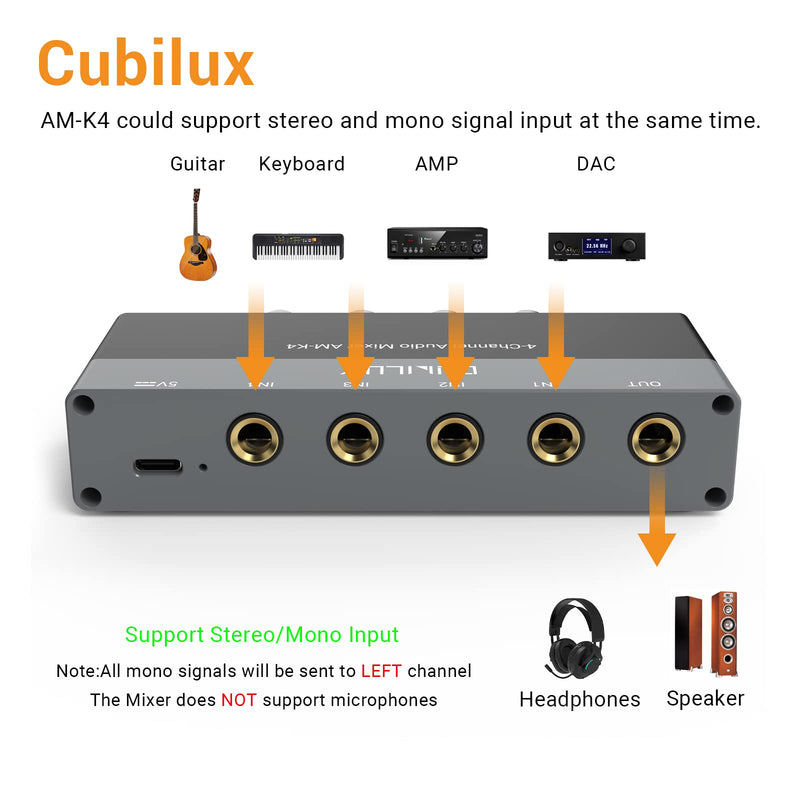 Cubilux AM-K4 6.35mm Stereo Audio Mixer, Ultra-Low Noise 4-Channel 1/4 AUX Mixer, USB C Powered Quarter Inch Mixer with Volume Control