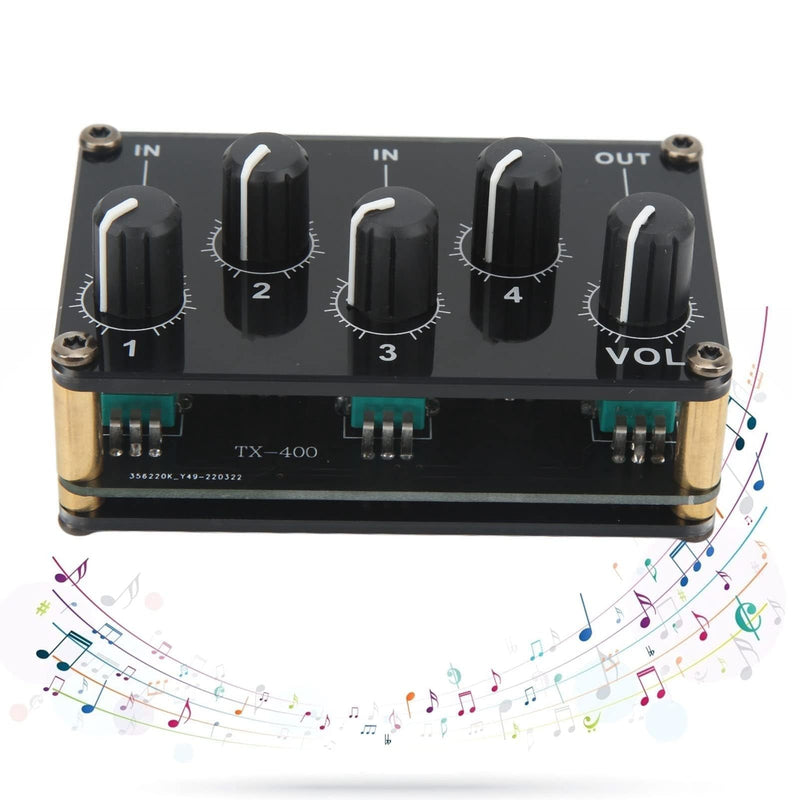 Audio Mixer, 4 Input 1 Output Mini Low Noise Sound Board Console Portable Passive Stereo Audio Mixer Mini Stereo Live Studio Console Audio Recording Mixers Music Mixer Machine