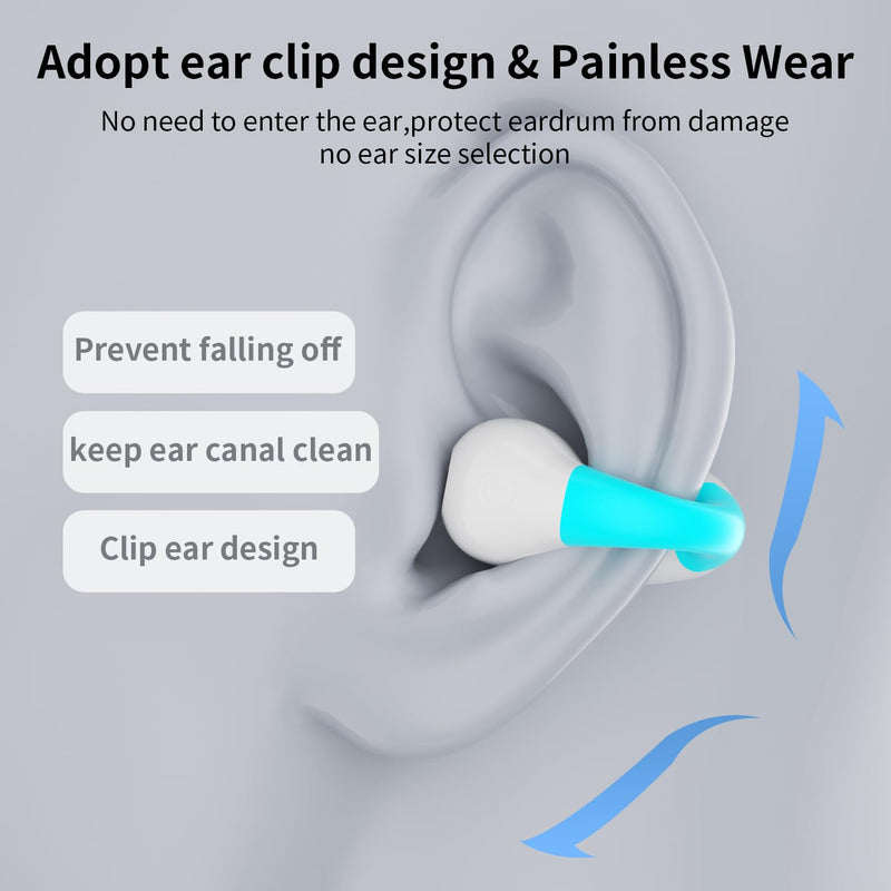 Comfort Clip On Earbuds, Bluetooth 6.1 Open Ear Bone Conduction Headphones, with Digital Display Charging Case Sport Earphones Built-in Mic Waterproof for Running Fitness Exercise, White-Blue