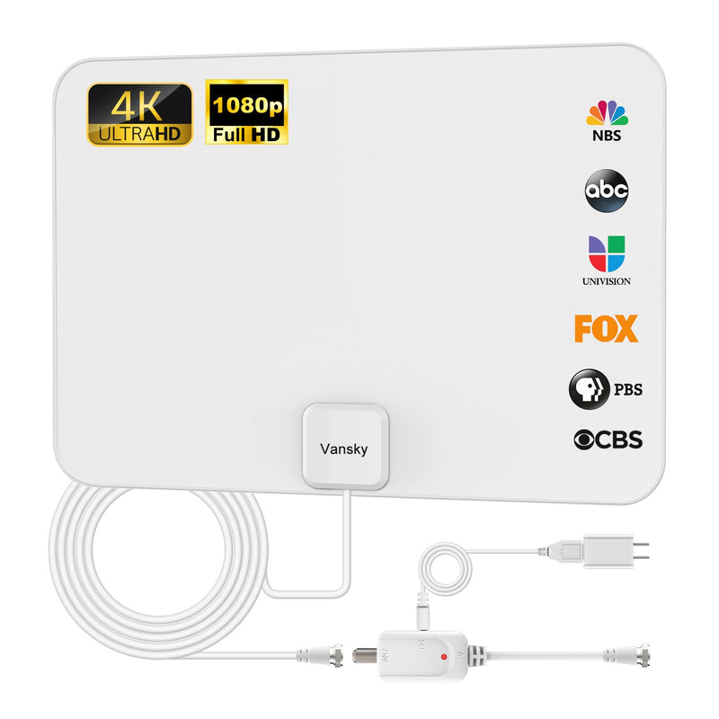TV Antenna Indoor, Digital Amplified Indoor HDTV Antenna, 1080p VHF UHF Television Local Channels Detachable Signal Amplifier and 16.5ft Long Coax Cable White