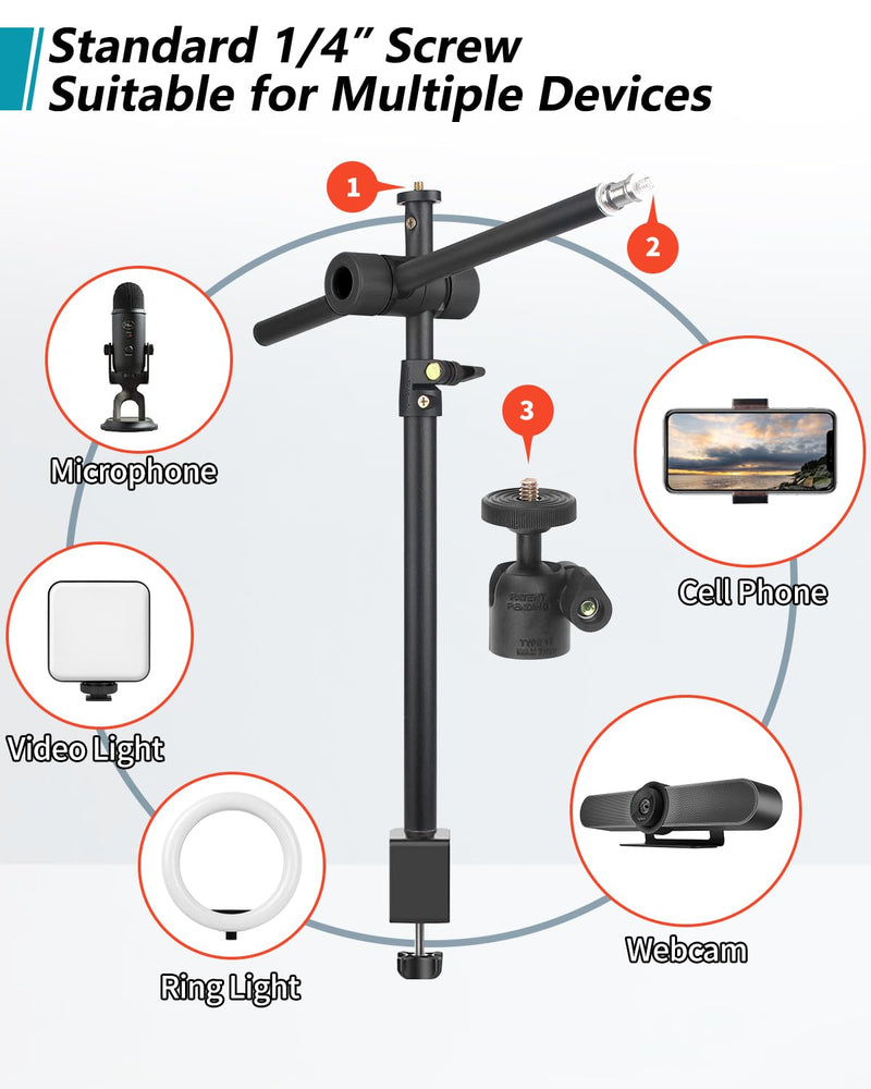 Overhead Camera Mount Desk Stand with 360° Adjustable Holding Arm, Flexible Phone Stand with 360° Ballhead and Phone Mount Holder, Boom Stand for Microphone, Video Light, Webcam, Cell Phone