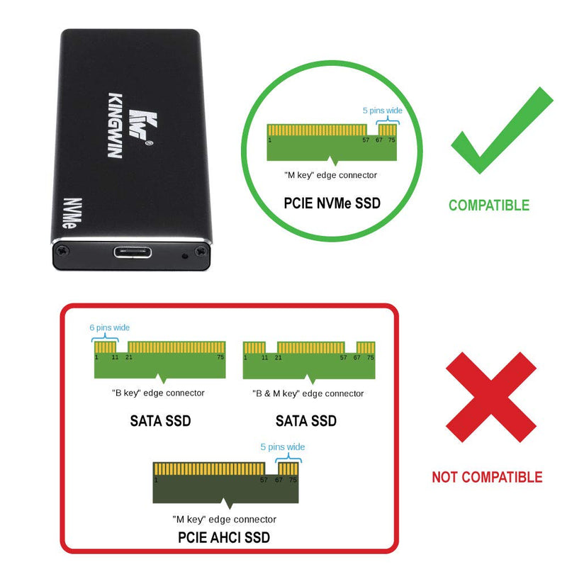 Kingwin M.2 SSD NVMe External Enclosure, 10Gbps USB 3.1 Gen 2 M-Key to USB C Solid State Drive Adapter, PCIe USB 3.0 USB C Cables, Fit Size 2230/2242/2260/2280, Aluminum, KM-U3NGFF-NVE