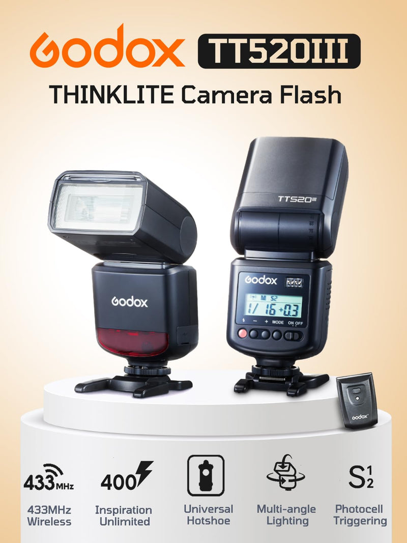 Godox TT520III Camera Flash with 433MHz Wireless Triggering - 33 GN, 16 Channels, Adjustable Flash Head, Multiple Modes & Accessories - Compatible with Canon, Nikon, Sony, Fujifilm, Olympus and More Godox TT520III