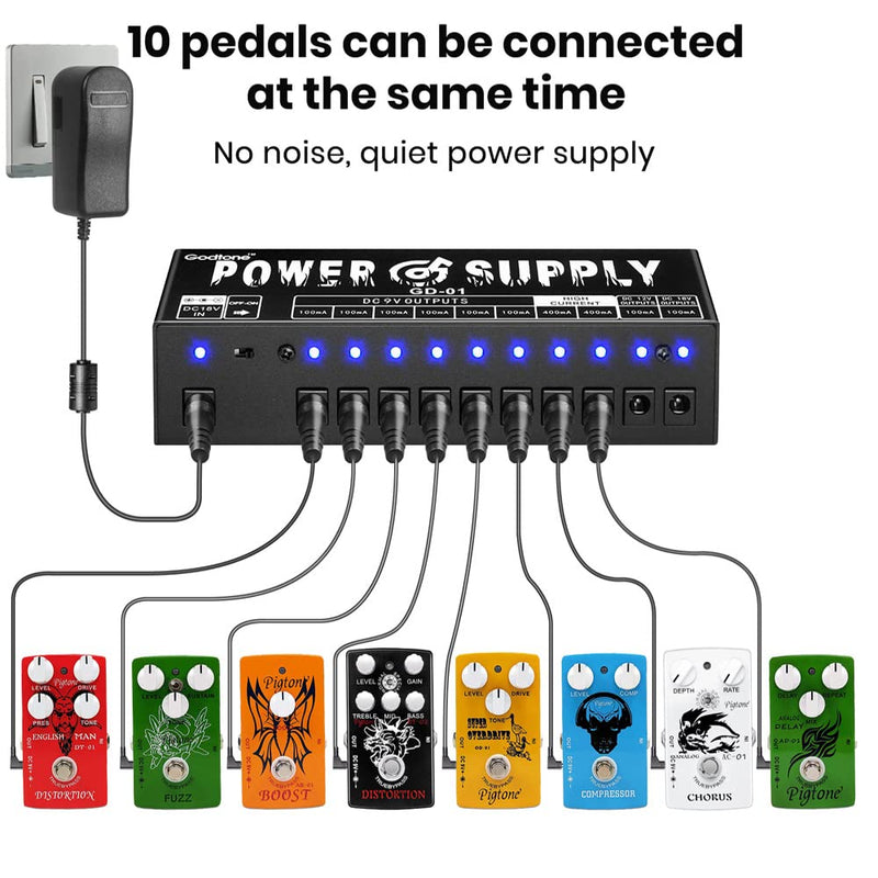 GD-01 Guitar Pedal Power Supply High Current 10 Isolated DC Output for 9V/12V/18V Effect Pedals