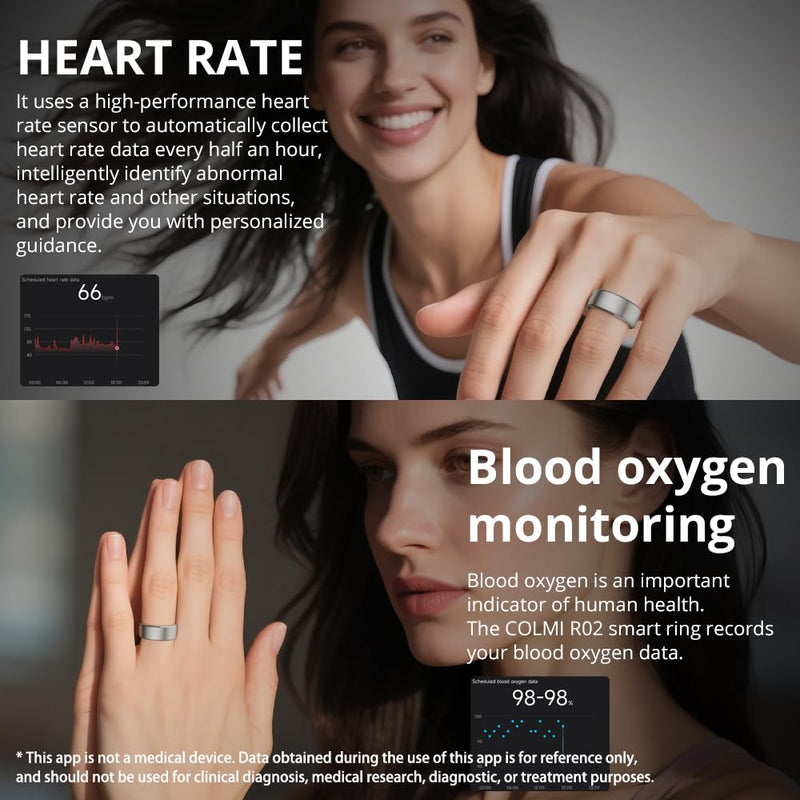 COLMI R02 Smart Ring, Smart Ring for Women and Men, with a Charging Case, Supports Heart Rate, Blood Oxygen, Sleep Health Monitoring, No Subscription Fee. (Silver, 8#)