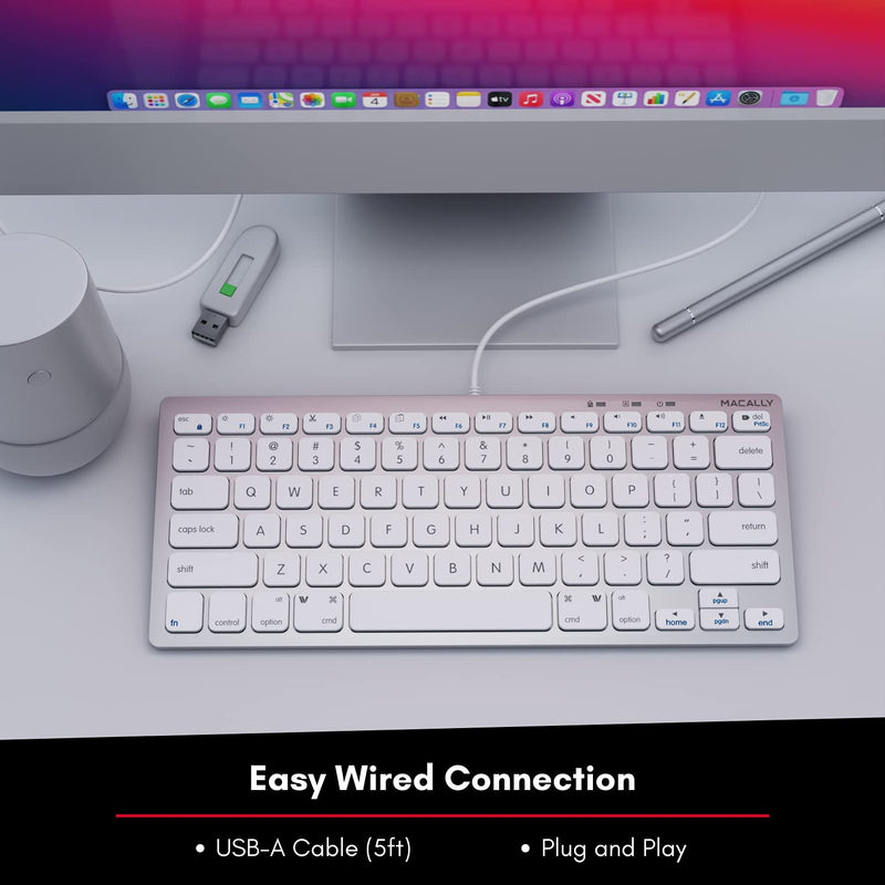 Macally Small Wired Keyboard for Mac and Windows - 78 Scissor Switch Keys Compatible Apple Keyboard - USB Mini Keyboard That Saves Space and Looks Great - Plug and Play Wired Mac Keyboard - Aluminum Silver Aluminum