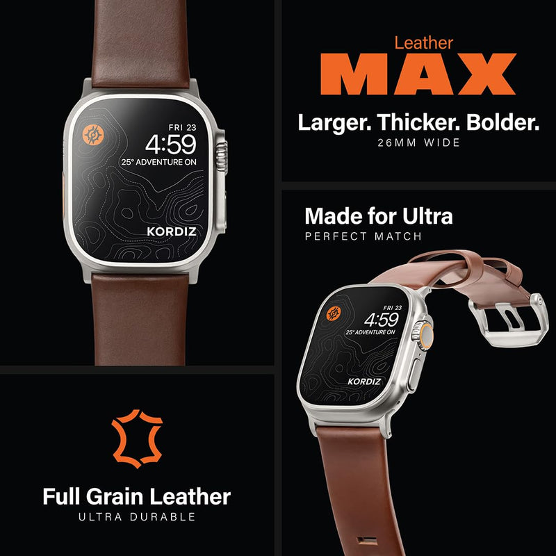 KORDIZ Modern Leather MAX Band for Apple Watch Ultra 3, Ultra 2 & Ultra (49mm) – Premium Full-Grain Leather Strap for Men, Rugged Modern Design, Stainless Steel Buckle, Comfortable Everyday Fit – 26mm Wide Leather Band ULTRA Silver 49mm | Dark Brown