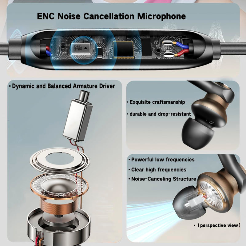 Type C Wired Earbuds with Noise-Canceling Immersive Bass Headphones In Ear | Dynamic and Balanced Armature Subwoofer Call Mic Noise Reduction USB C Wired Earphones,Volume control,Stereo HD Audio