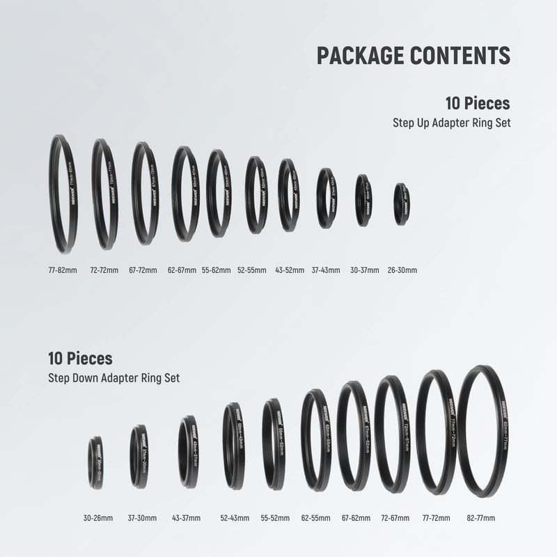 [AUSTRALIA] - Neewer 20 Anodized Black Metal Lens Filter Adapter Rings - 10 Step Up + 10 Step Down Set 20 Pack 