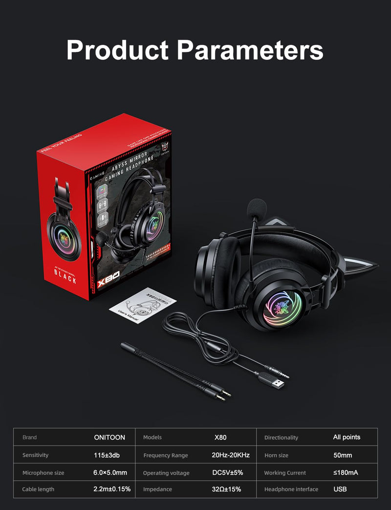 [AUSTRALIA] - Gaming Headset with Microphone, Detachable Cat Ears, Abyssal Mirror RGB Light, 50 MM Drivers Surround Sound, Lightweight Gaming Headphones for PC/Laptop/PS4/PS5/Switch 