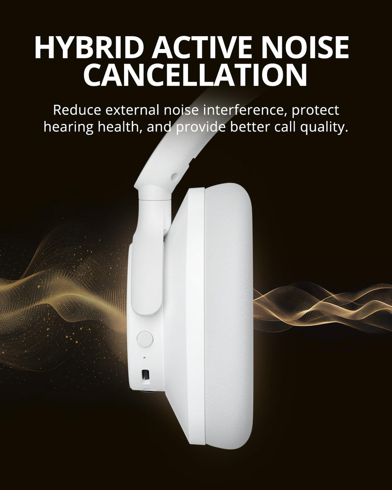 Tronsmart Q20S Hybrid Active Noise Cancelling Headphones, Wireless Over Ear Headphones with Mic, Hi-Res Audio, 60H Playtime, Deep Bass Custom EQ via App, Comfort Fit, for Travel Home Office White Style 2