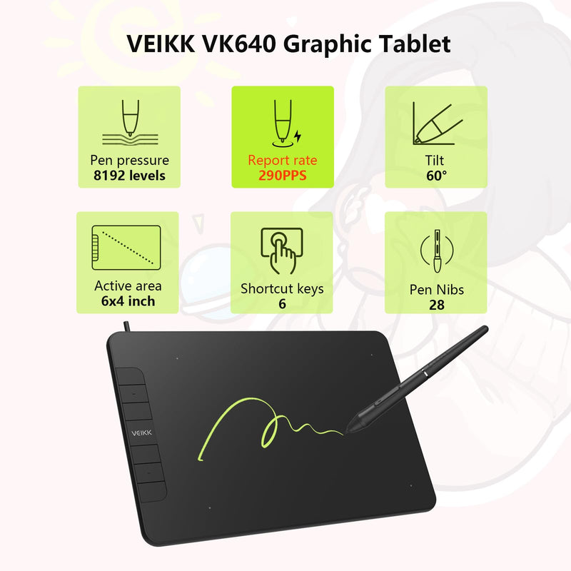 VEIKK VK640 Drawing Tablet, 6x4 Inch Pen Tablet | 8192 Pressure Levels, 6 Shortcut Keys, For Drawing, Design, Painting,Sketching and E-signatures, Digital Graphic Tablet 6*4 inch