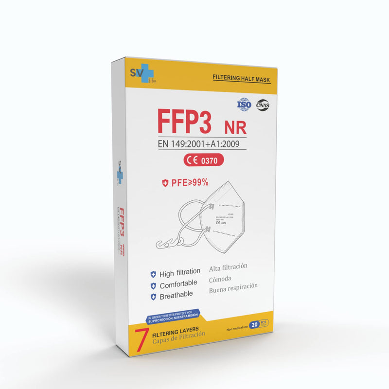 FFP3 Mask with 7 Layers, CE Certified, High Protection >99%, Individual Packaging, Non-Reusable, Adult Size, without Valve, Pack of 20