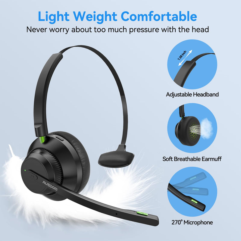 AUSDOM Trucker Bluetooth Headset with Microphone: A2301 Wireless 5.2 On-Ear Headset with AI Noise Cancelling Mic & Mute Button, 50H Playtime for Work from Home Office Call Center Cellphones Laptop Black & Green