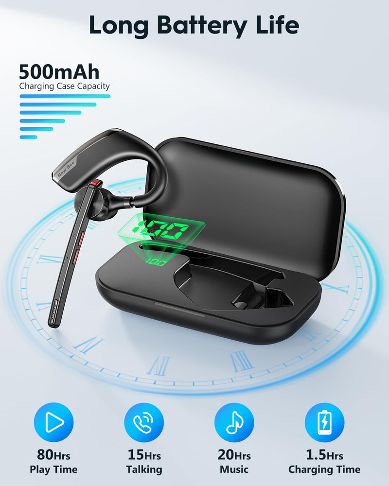 New Bee Bluetooth Headset, Wireless Bluetooth Earpiece for Cellphone with 500mah Charging Case 80h Playtime V5.2 Dual Mic Noise Cancelling Hands-Free Earphones for Office Driver 2 PACK