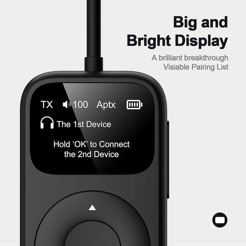 SoundSync Pro Bluetooth Transmitter & Receiver for Airplane, Easy Setup Bluetooth Audio Transceiver for 2 BT Devices, Volume Control, RCA for TV Black