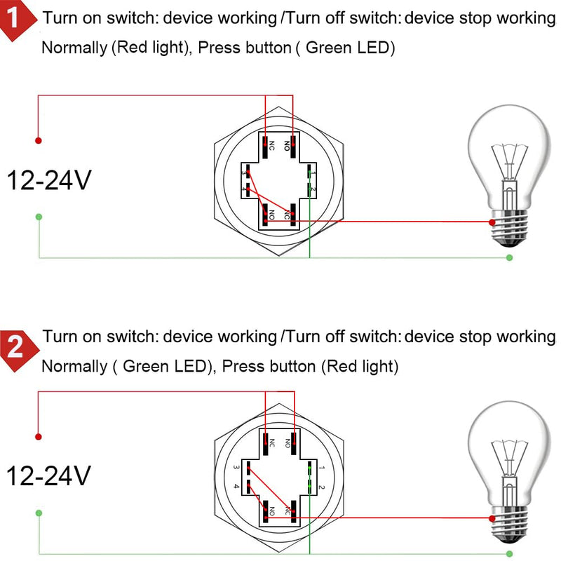 GUUZI 12V-24V/10A Momentary Push Button NO/NC, Waterproof, Green/Red LED Light, Illuminated, 22 mm Power Start Metal Push Button with Socket Plug Green/red 22 mm momentary switch