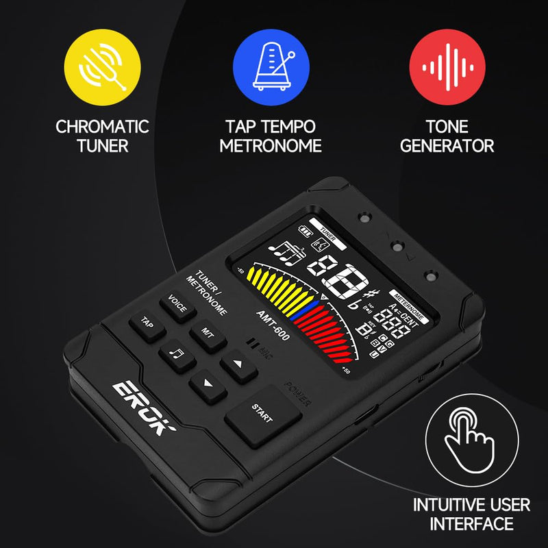 EROK Digital Metronome & Tuner - All-in-One Rechargeable Device with Stereo Headphone Output, Voice Counting, Ideal for Guitar, Bass, Violin & String Instruments(Black) Black