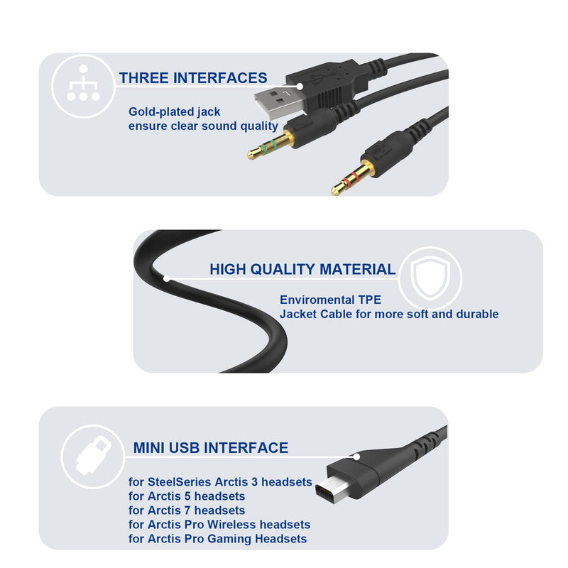 3.5mm Replacement Arctis Headset Cord Audio Cable Charging Wire Compatible with SteelSeries Arctis 7, Arctis 5, Arctis 3, Arctis Pro Wireless, Arctis Pro Gaming Headsets to PC Laptop