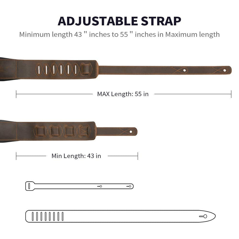 BestSounds Guitar Strap Leather 3 Inch Wide Full Grain Padded Soft Leather Strap for Acoustic, Electric and Bass Guitars Whiskey Brown