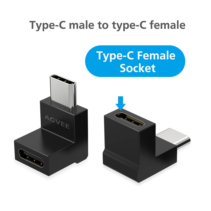 AGVEE [ 4 Pack] 90 Degree Right Angled USB-C Male to USB-C Female Adapter (Type-C 3.2 Gen 2) Video 10G Data Converter, Black