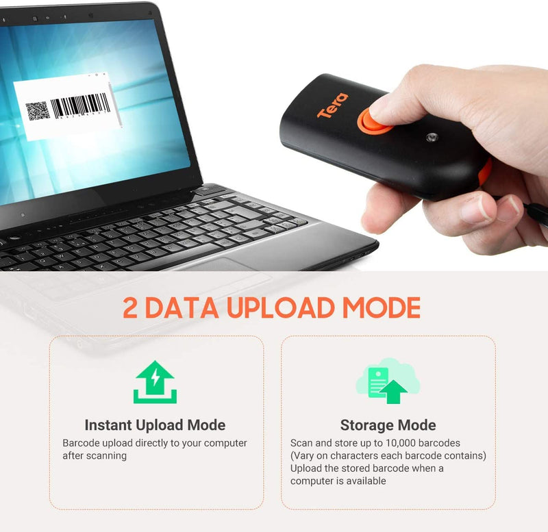 Tera Mini 1D 2D QR Wireless Barcode Scanner, Waterproof Shockproof Pocket Scanner, 3-in-1 BT & USB Wired & 2.4G Bar Code Reader Portable Image Scanner Work with iOS, Windows, Android 1100D 2D Mini Orange