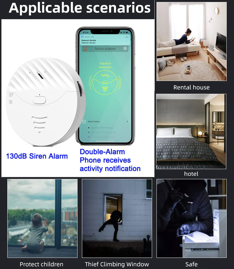 [AUSTRALIA] - WiFi Window Alarm System, 2 Pack Glass Break Detection with Phone APP, 120dB Smart Alarms with Adjustable Vibration Sensor for Car,Home Security (2PCS) 