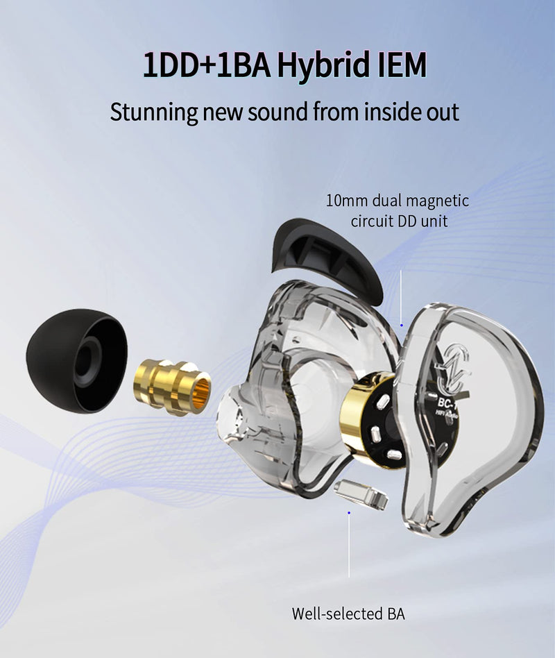 CCZ Melody in Ear Monitor, Dynamic Hybrid Dual Driver in Ear Earphones 1BA+1DD HiFi Wired Headphones Musicians IEM Upgrade Deep Bass Suitable for Bass Vocals Pop Folk ACG (No MIC, Transparent)… No MIC