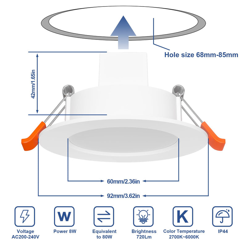 HYDONG Smart LED Recessed Spotlight, Flat 8 W LED Spotlights, 230 V, IP44 Bathroom Recessed Lights, 68 mm, Compatible with Alexa, Warm White & RGB Bluetooth Ceiling Spotlights, Colour Changing for Red / Green / Blue