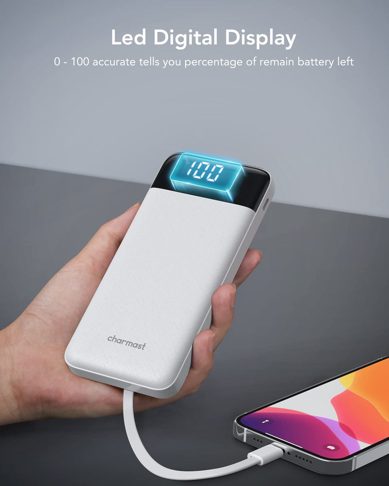 Portable Charger with Built in Cables, Portable Charger with Cords Wires Slim 10000mAh Travel Battery Pack 6 Outputs 3 Inputs 3A Fast Charging Power Bank for Samsung Google Pixel LG Moto iPhone iPad White