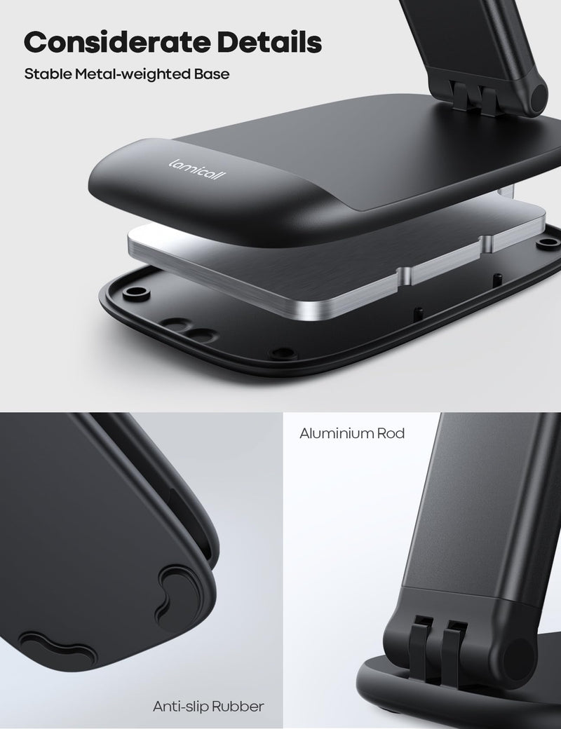Lamicall Foldable Phone Stand for Desk - Height Adjustable Cell Phone Holder Portable Cellphone Cradle Desktop Dock Compatible with iPhone 15 14 13 Pro Max Mini, 12 11 XR X 8 7 6 Plus SE, Smartphone 1-Black