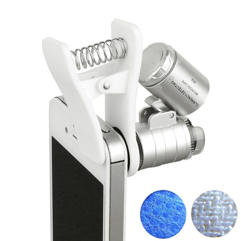 60x Zoom Microscope Magnifier LED + Uv Light Clip-on Micro Lens for Universal Mobile Phones Universal Clamp for iPhone 7s Plus/7s/7/7plus/ 6 6s 6Plus/ 5 Samsun/HTC