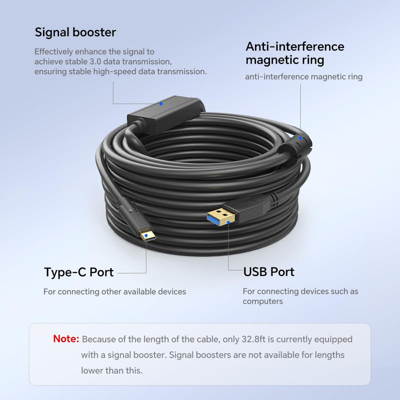 32ft USB-A to USB-C High-Speed Data Transfer Cable with Dual Magnetic Rings – Camera Connection Cable with Signal Boosting, Compatible with Hard Drives, Canon, Sony, Fujifilm, Nikon DSLR Cameras 32.8ft Black