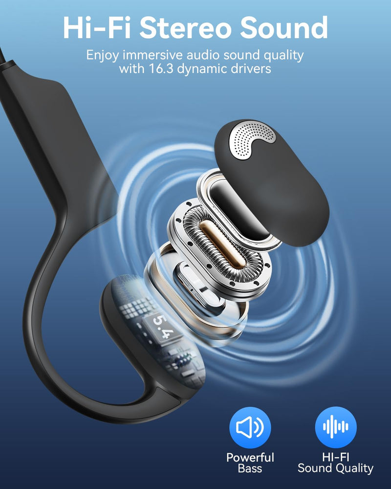 [AUSTRALIA] - Open Ear Headphones with Mic, Bluetooth Headset with AI Noise Cancellation Microphone Air Conduction Headphones Bluetooth 5.4 Wireless Headset with Mic for Work Call Meeting Driving Sports（Black） 