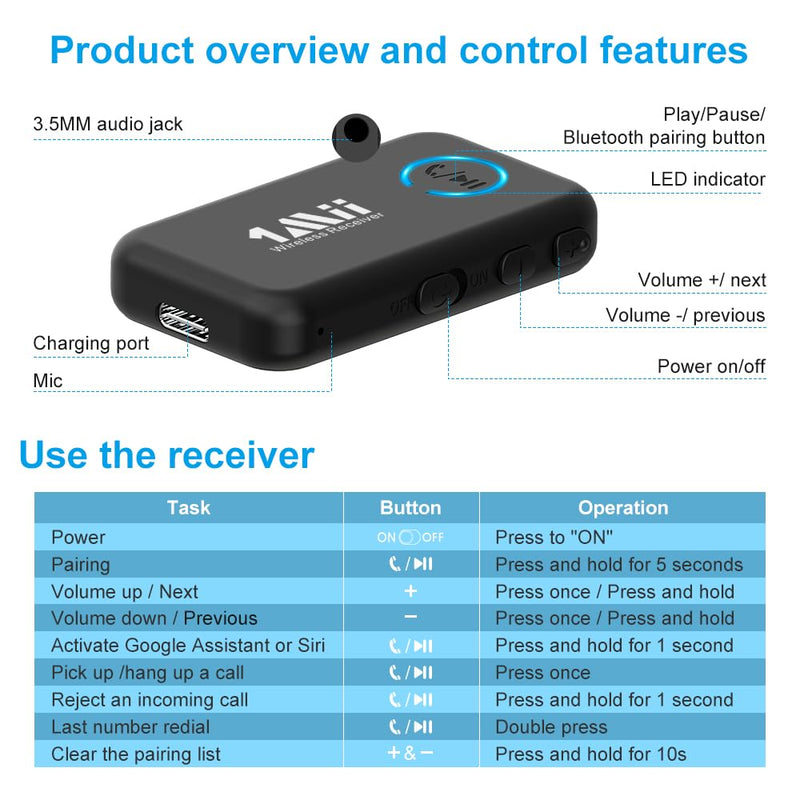 1Mii Bluetooth 5.3 Music Receiver for Car/Home Stereo, Aux Bluetooth Adapter for Car with Volume Control Supports Hands Free Calls, 16H Battery Life