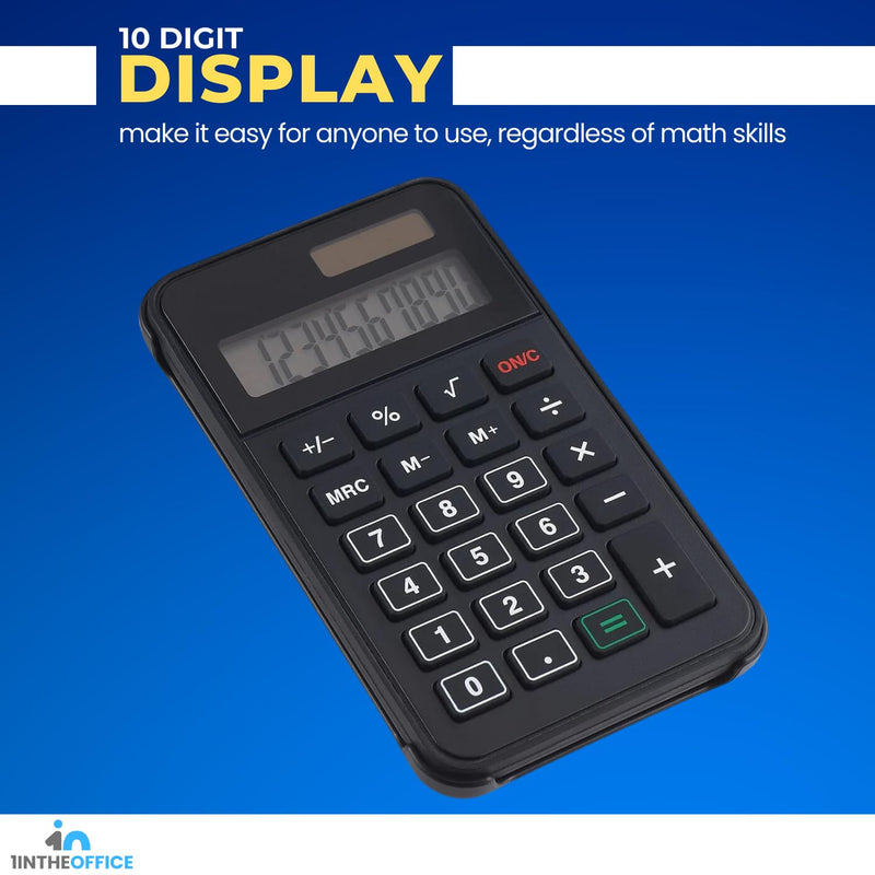 1InTheOffice 10 Digit Pocket Calculator, Dual Powered Handheld (Solar and Battery), Black, 2 Pack Small (Pack of 2)