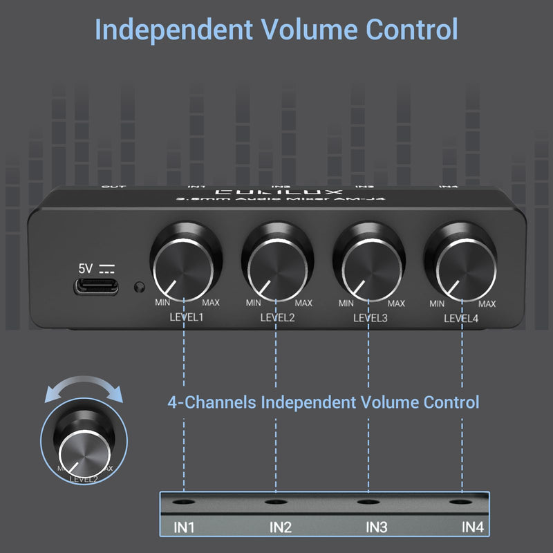 Cubilux 4-Channel 3.5mm Audio Mixer, Ultra-Low-Noise Mini Audio Mixer for Sub-Mixing, 1/8 TS/TRS Input, Stereo Switcher Suitable for Guitars, Bass, Keyboards