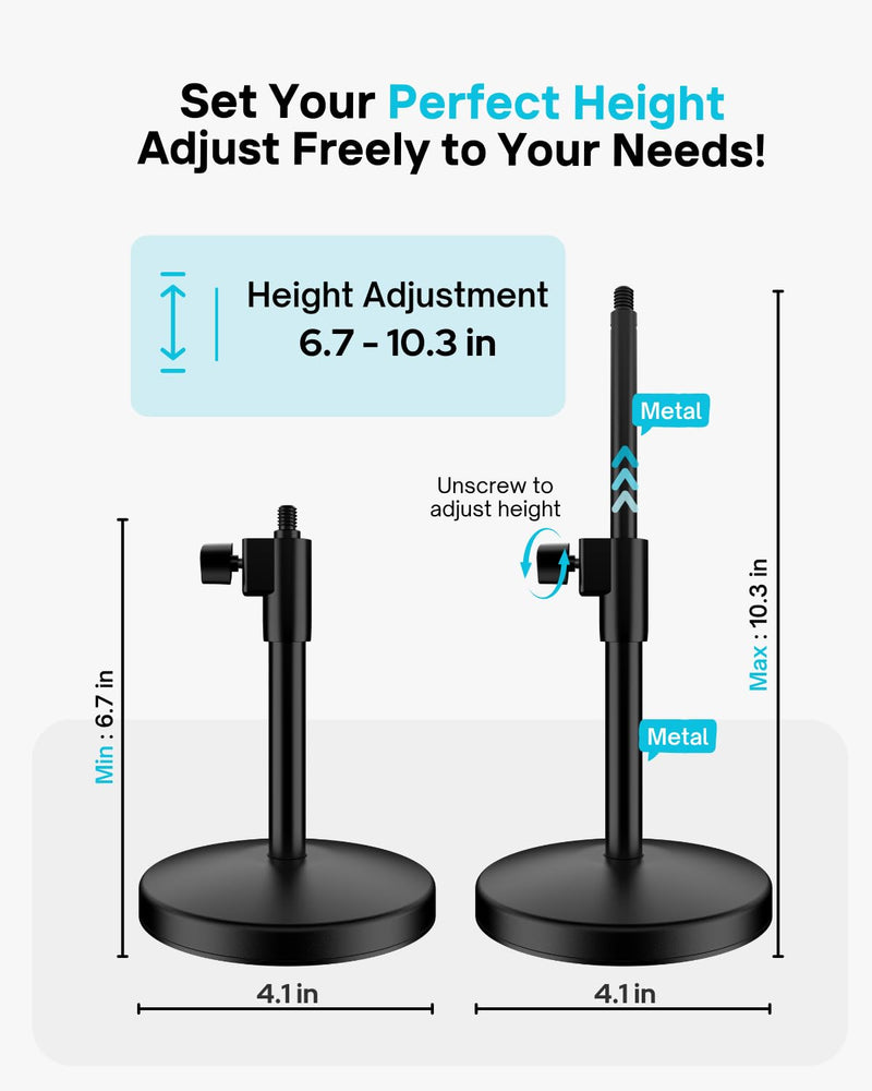 Desk Mic Stand with Multi Microphone Holder|Heavy Metal Base Anti-Tip Design|Adjustable Height Stand for Podcast&Studio|Holds 6 Mics|Clip & Mount Adapter for Shure SM57/SM58/SM7B,Blue Yeti,Fifine Mics